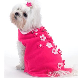 designer dog coat with flowers appliqued on pink fleece 