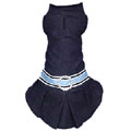 denim dog dress with rhinestone crystal buckle and preppy stripe ribbon
