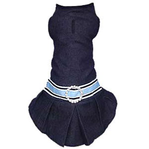 denim dog dress with rhinestone crystal buckle and preppy stripe ribbon