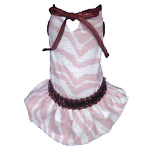 pink zebra dog dress with sequin trim at neck and waist