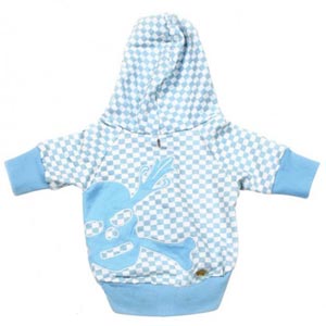 blue checked dog hoodie with skull & cross bones