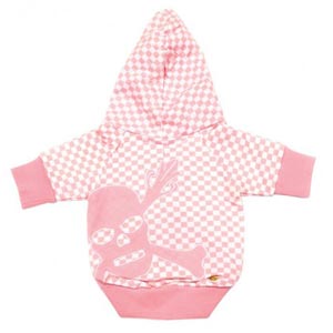 pink checked dog hoodie with skull & cross bones