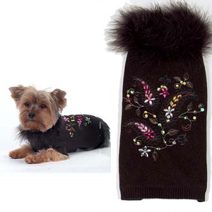 designer dog sweater with rhinestone crystals and marabou trim