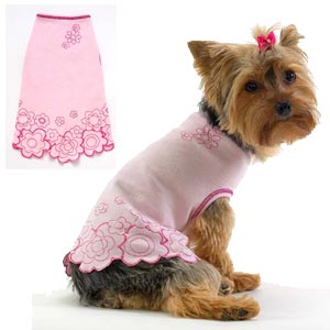 dog tee shirt with embroidered flowers and cut out hem