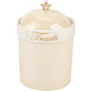 ceramic treat jar with gold accents