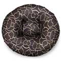 bagel beds for dogs covered in a geometric, giraffe like pattern
