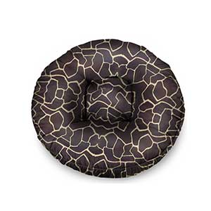 bagel beds for dogs covered in a geometric, giraffe like pattern