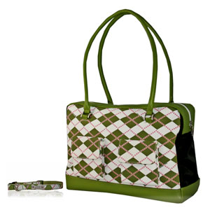 Dashing dog carrier available in original argyle print with leather accents