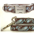 small dog collar harness & leash - brown and blue paisley