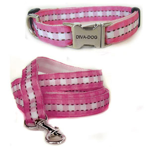 pink gingham dog collar harness & leash 
