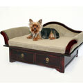 wood dog bed with microsuede upholstery