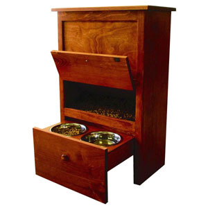 wood cabinet stores 50 pounds of dog food and has a slide out 12 inch diner