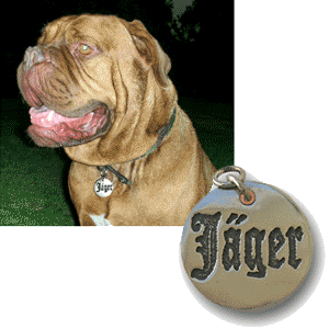 dog id tag with dog's name in Old English font