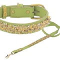 green leather dog collar with yellow jade and jasper beading