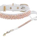 designer leather dog collar with genuine rose quartz and pearls
