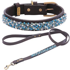 designer leather dog collar with genuine semi precious beads