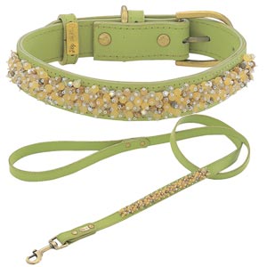green leather dog collar with yellow jade and jasper beading