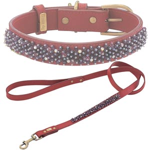 red leather dog collar with genuine amethyst beads