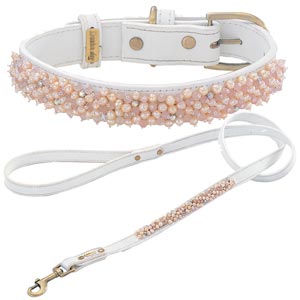 designer leather dog collar with genuine rose quartz and pearls