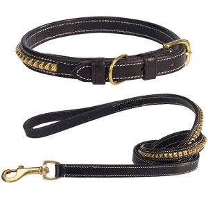 leather dog collar with gold pyramid studs