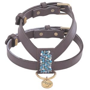 brown leather dog harness with multi blue beading