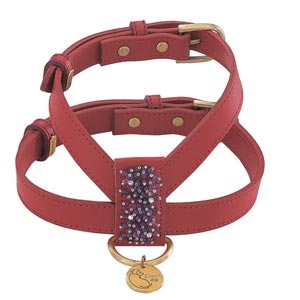 red leather dog harness with amethyst beading
