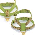 green leather dog harness with yellow jade and jasper beading
