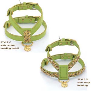 green leather dog harness with yellow jade and jasper beading