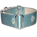 big dog collar with embroidered bee design on light blue satin
