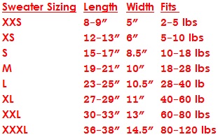 Dog Sweater Size Chart