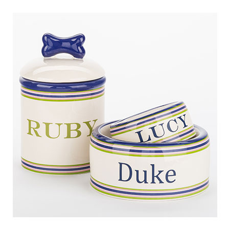 Personalized Ceramic Dog Bowls And Treat Jars Preppy Stripe