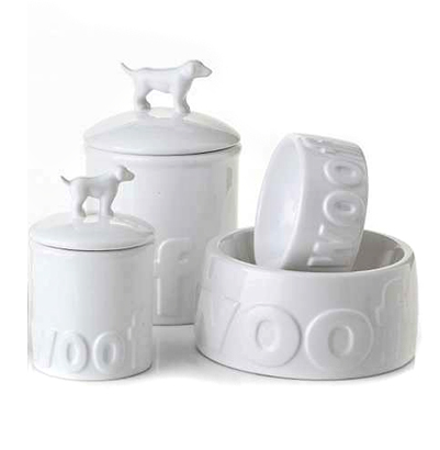 Creative Co-op DA5576 Woof Ceramic Dog Treat Jar With Bone Handle White 